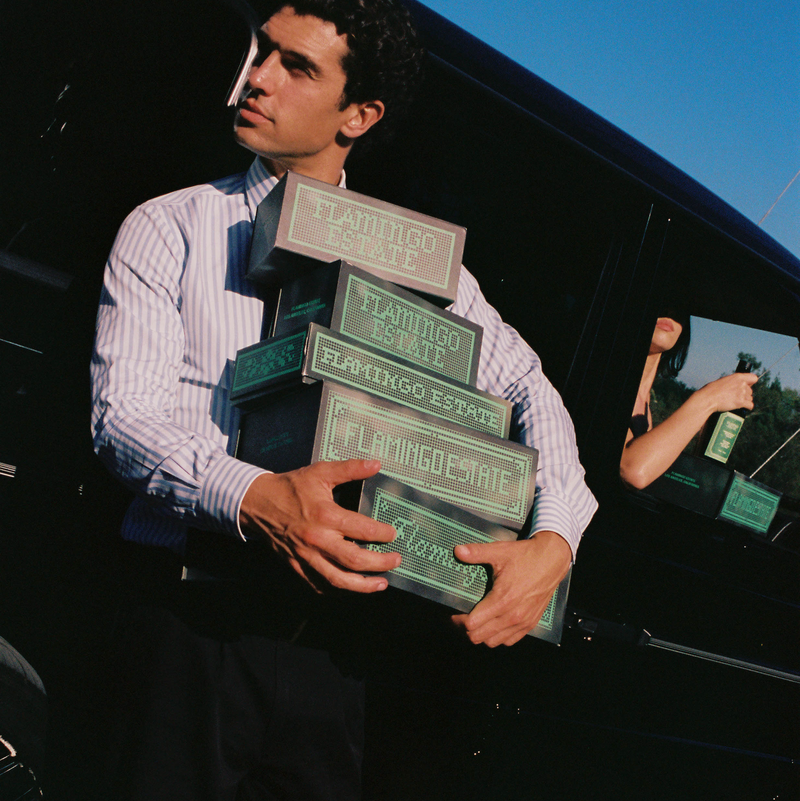 A man in a light blue pinstripe shirt and dark trousers carries a stack of green boxes that read 'Flamingo Estate' and next to a black vehicle under a clear blue sky.