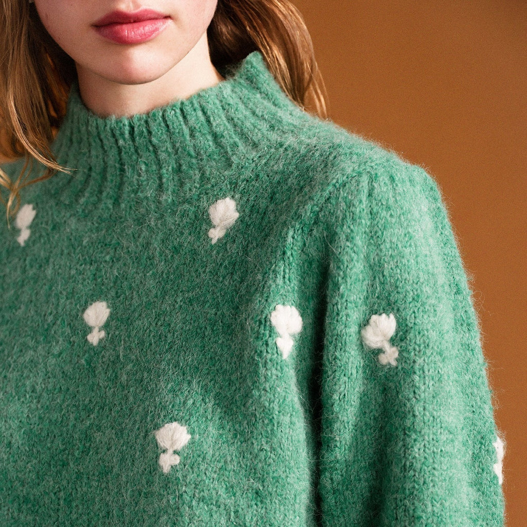 Hand-Embroidered Flowers on Pullover Sweater 