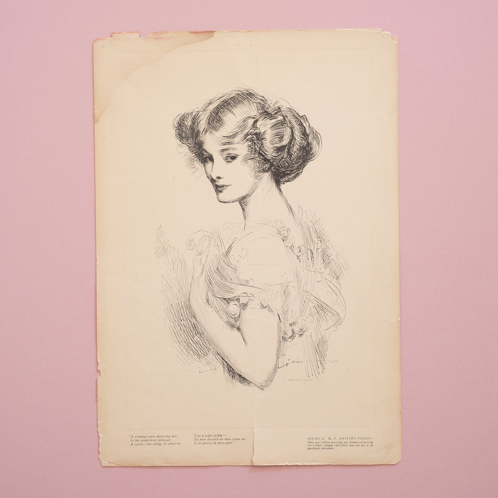 Antique Art Print of Female Portrait Gibson Girl