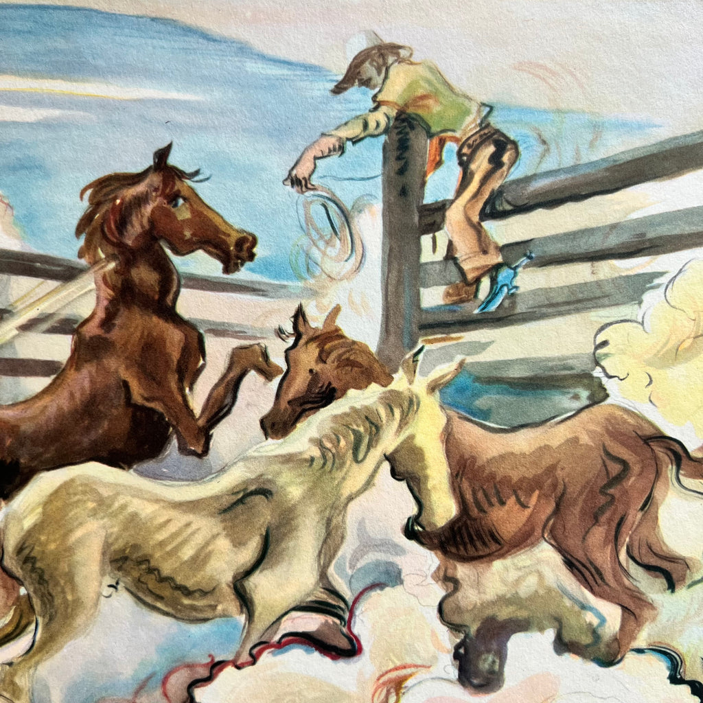 Vintage 1937 Benton Lassoing Horses Art Print