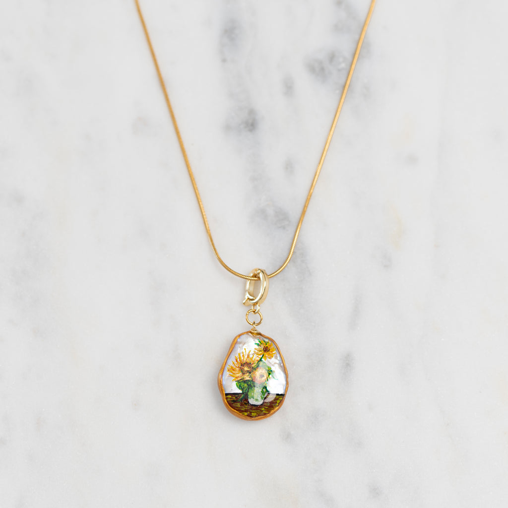 Van Gogh Sunflowers Painting on Real Pearl Necklace With Gold Chain