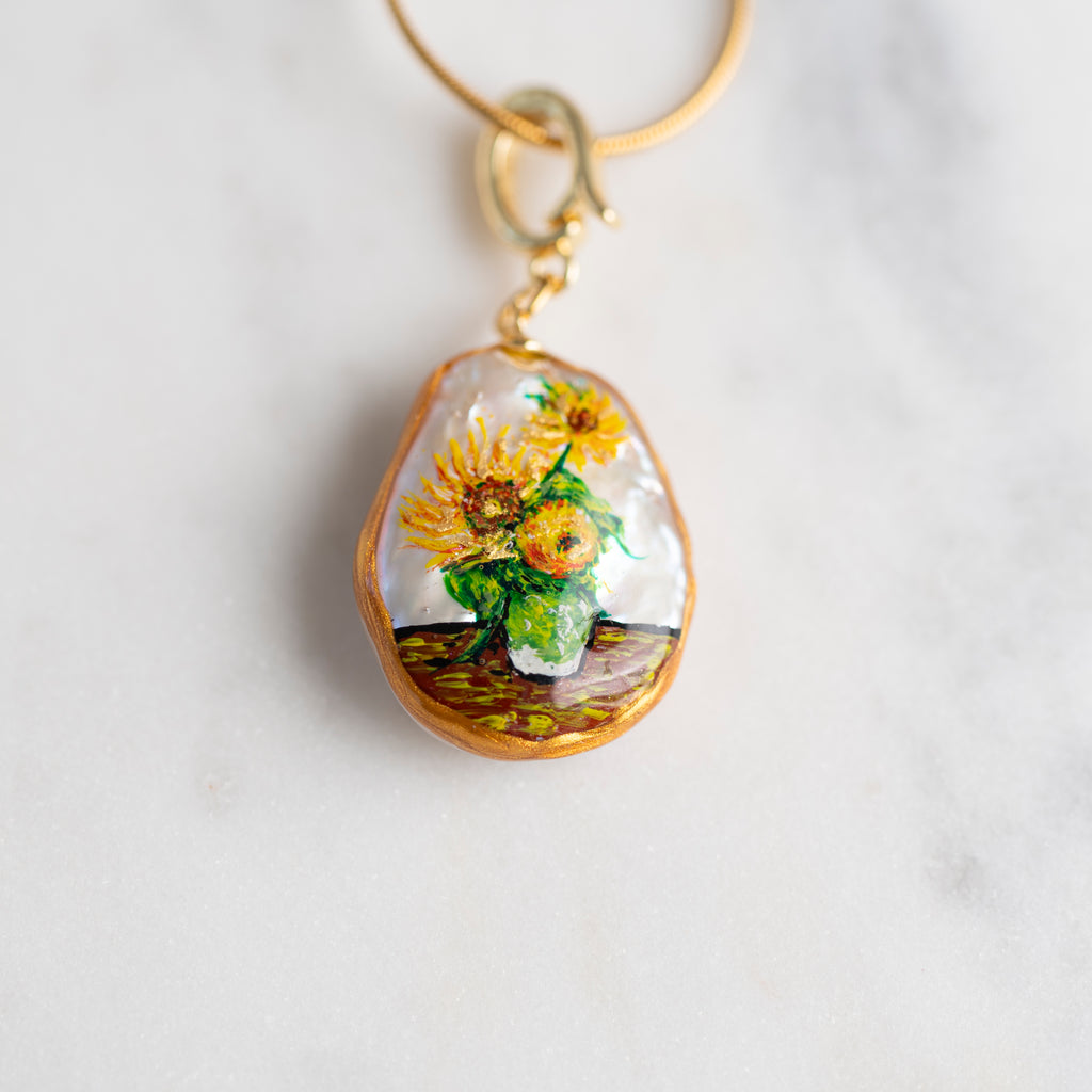 Sunflowers By Van Gogh on Real Pearl Gold Necklace at Golden Rule in Minnesota