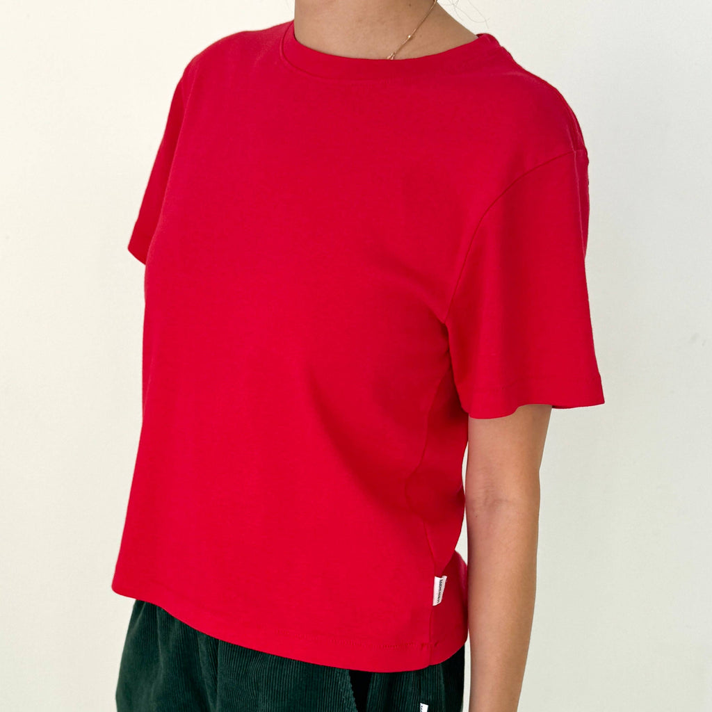 Person wearing a red noel t-shirt on a plain background