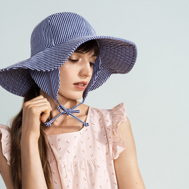 Summer Sun Hat in Blue Stripes with Tie