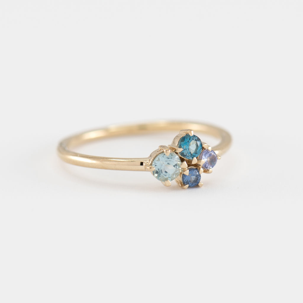 Dainty Sarah Cluster Blue Aquamarine Gold Band Ring by Minette at Golden Rule Gallery in Excelsior, MN