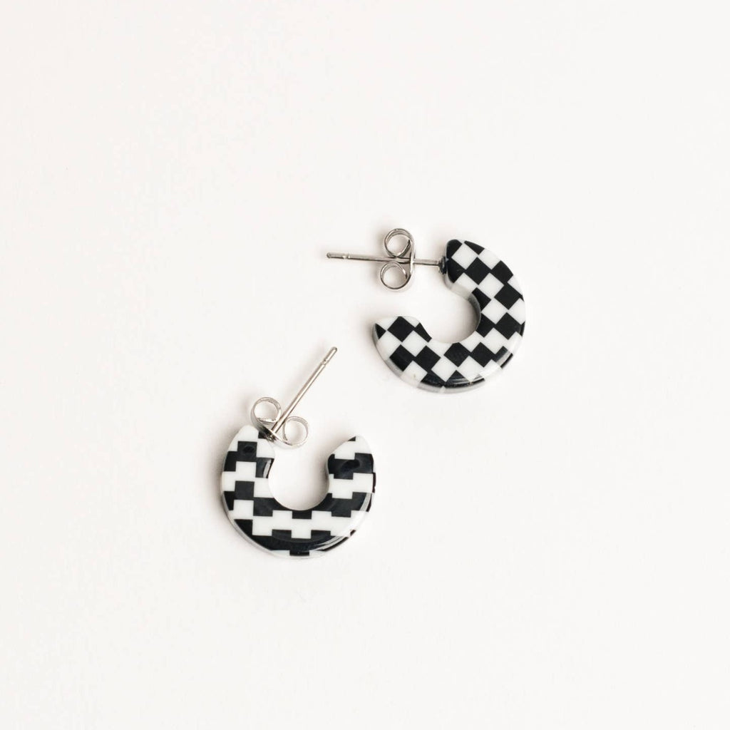Black and White Checkered Hoop Earrings | Sustainable Nat and Noor Mali Tiny Hoops