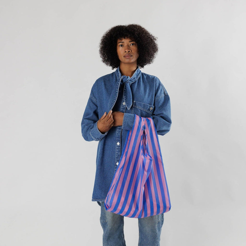 Model Holding Baggu Standard Reusable Bag in Blue Pink Awning Stripe