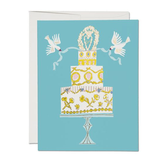 Pretty tiered wedding cake with dove greeting card by Red Cap Cards