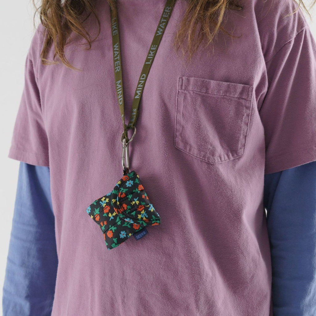 Baggu Puffy Earbuds Case on Lanyard in Black Calico Floral at Golden Rule Gallery