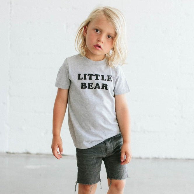 Little boy sporting the Little Bear tee in gray from The Bee & The Fox.