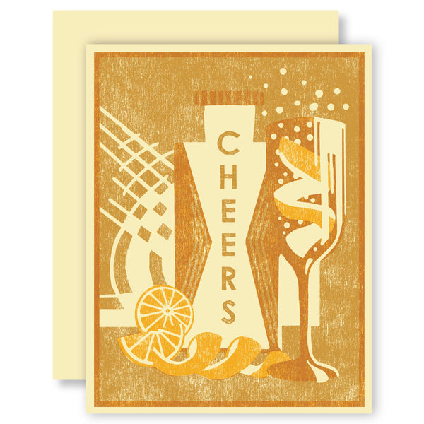 Cheers French 75 Cocktail Letterpress Card at Golden Rule Gallery in Excelsior, MN