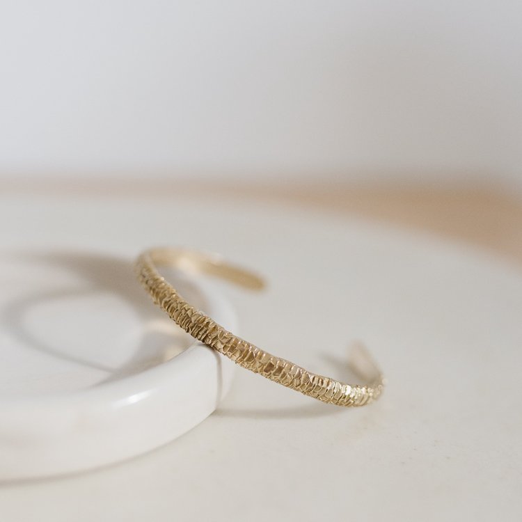 Kiki Koyote Brass Bracelet | Gold Toned Bangle | Snake Scale Cuff Bracelet | Made in Minnesota | Shop Local | Golden Rule Gallery