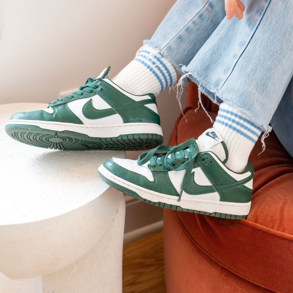 Model Wearing Le Bon Shoppe Blue Ivory Girlfriend Socks with Green Sneakers