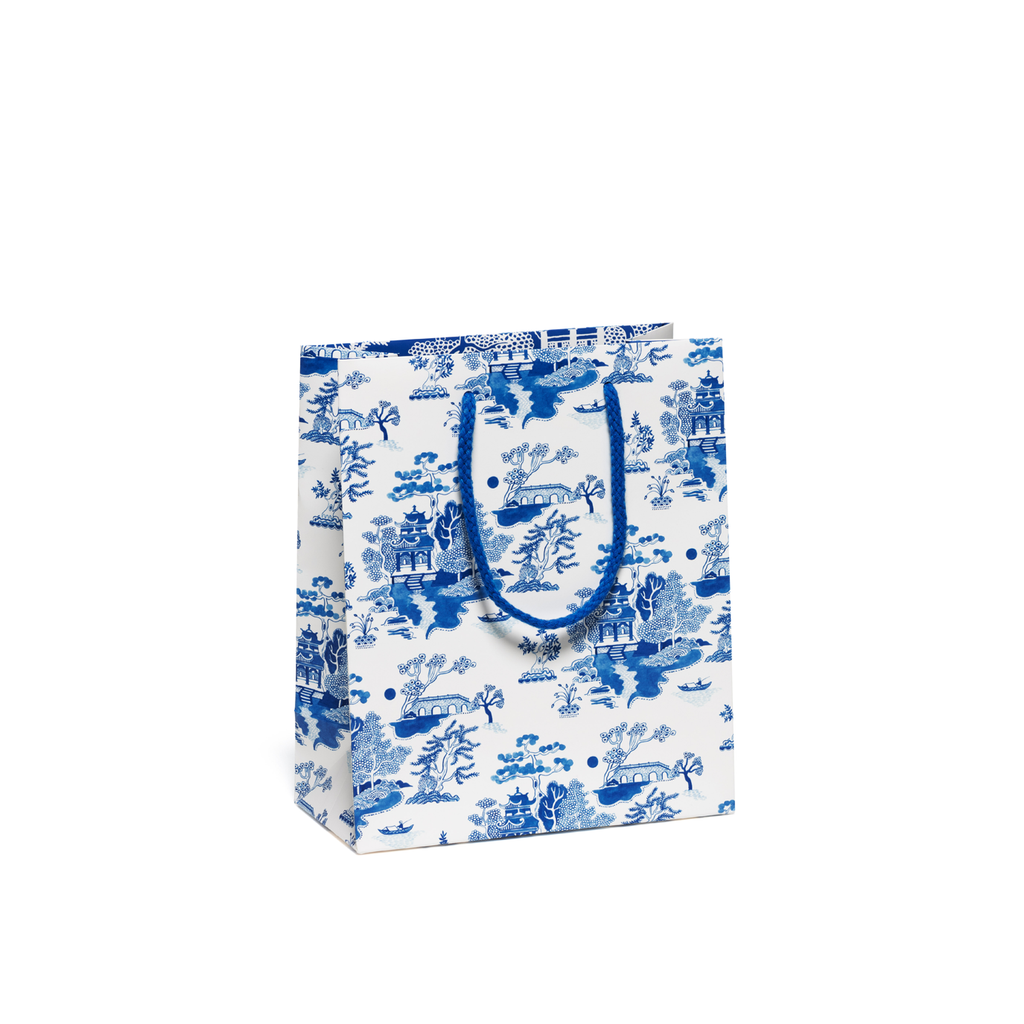 Blue chinoiserie landscape printed gift bag by Red Cap Cards at Golden Rule Gallery