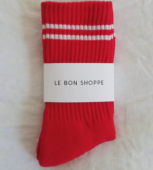 Red Boyfriend Tube Socks by Le Bon Shoppe at Golden Rule Gallery in Excelsior, Minnesota