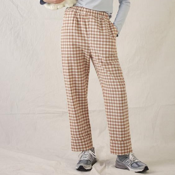 Canada Made Apparel | Caramel and Cream Cohen Pants | Eve Gravel Apparel | Eve Gravel Cohen Pants | Plaid Tan and Cream Trouser Pants | Golden Rule Gallery | Sustainable Pants | Excelsior, MN