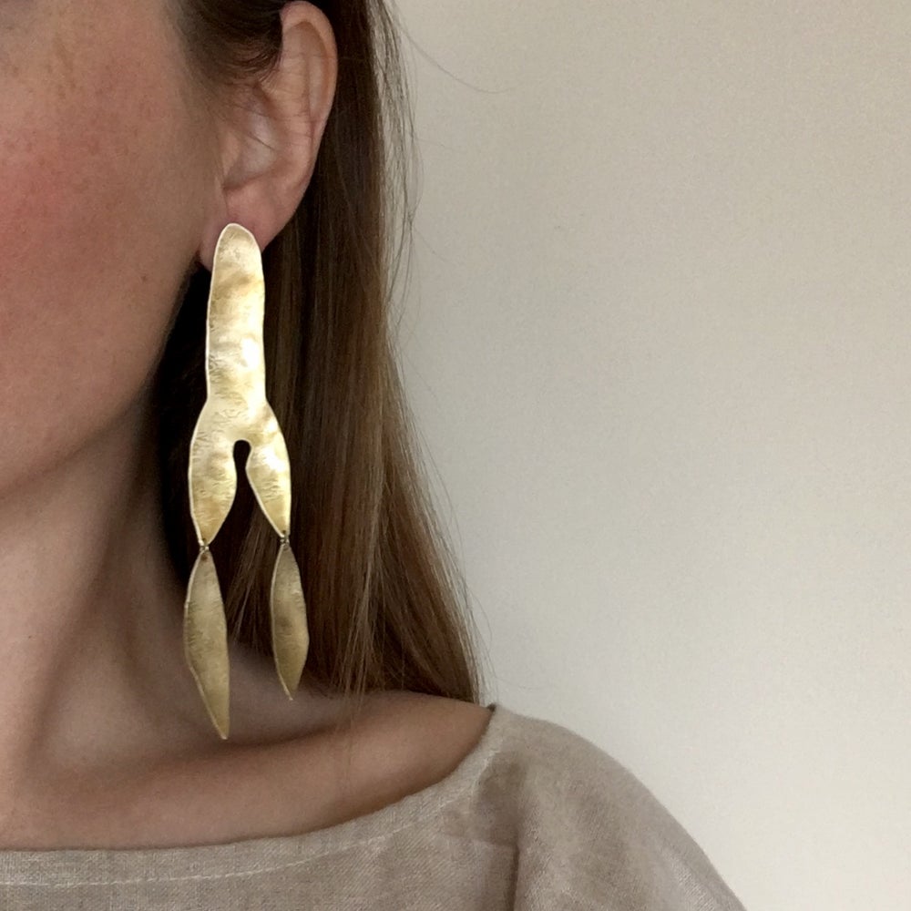 Brass Statement Earrings | MPLS Jewelry | Golden Rule Gallery | Excelsior, MN | Ann Erickson Jewelry | Textured Brass Long Earrings | Brass Statement Earrings | Minnesota Artists 