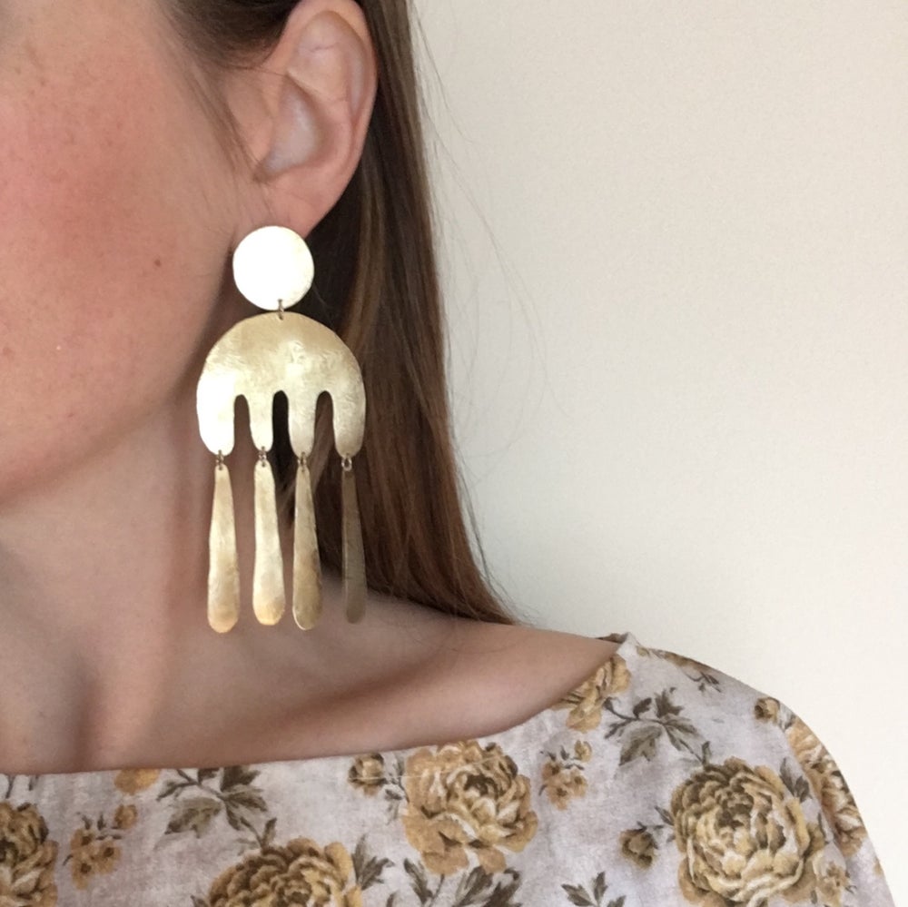 Minnesota Artist | Golden Rule Gallery | Excelsior, MN | Textured Brass Statement Earrings | Ann Erickson Jewelry | Flux Brass Long Earrings | Dangly Brass Earrings