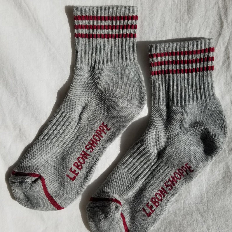 Heather Grey with Red Striped Socks at Golden Rule Gallery in Excelsior, MN