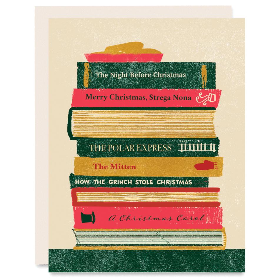 Stack of Christmas Books Indigo Printed Card | Heartell Press | Christmas Book Holiday Card | Golden Rule Gallery | Excelsior,MN
