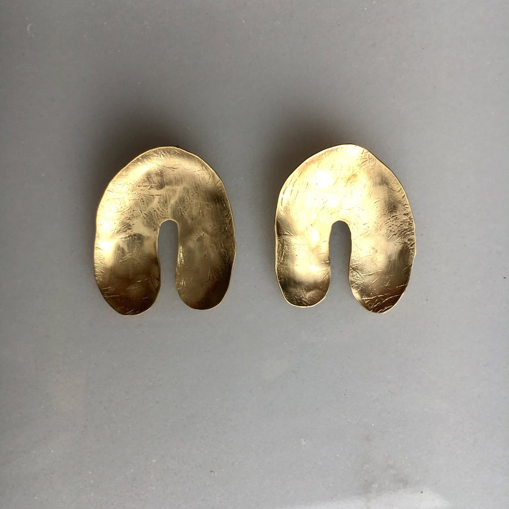 Hand-fabricated and Textured Brass Earrings | Minnesota Made Jewelry | Ann Erickson Jewelry | Arc Brass Earrings | Golden Rule Gallery | Excelsior, MN