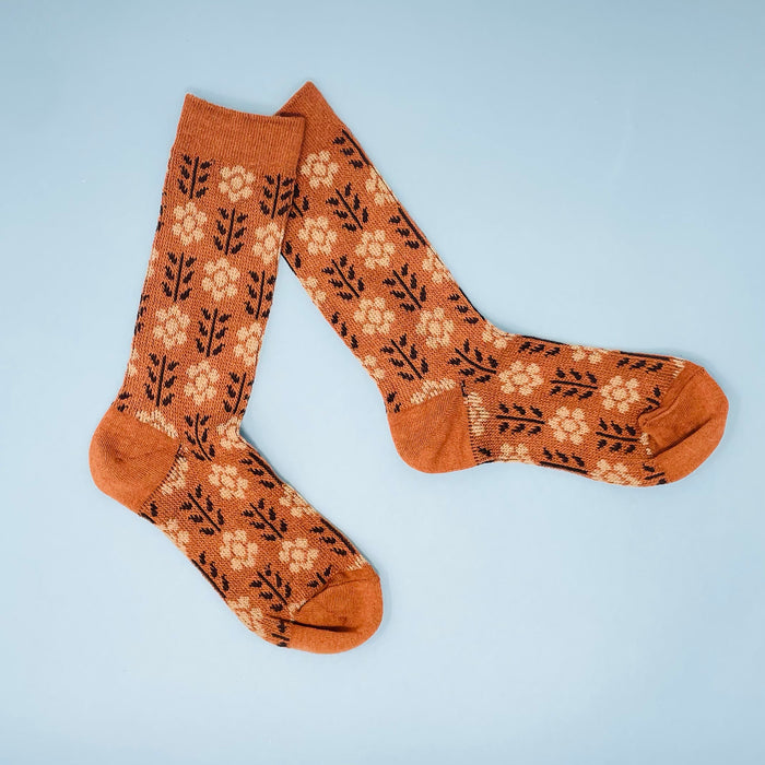 Orange Floral Printed Knit Mary Lou Socks at Golden Rule Gallery