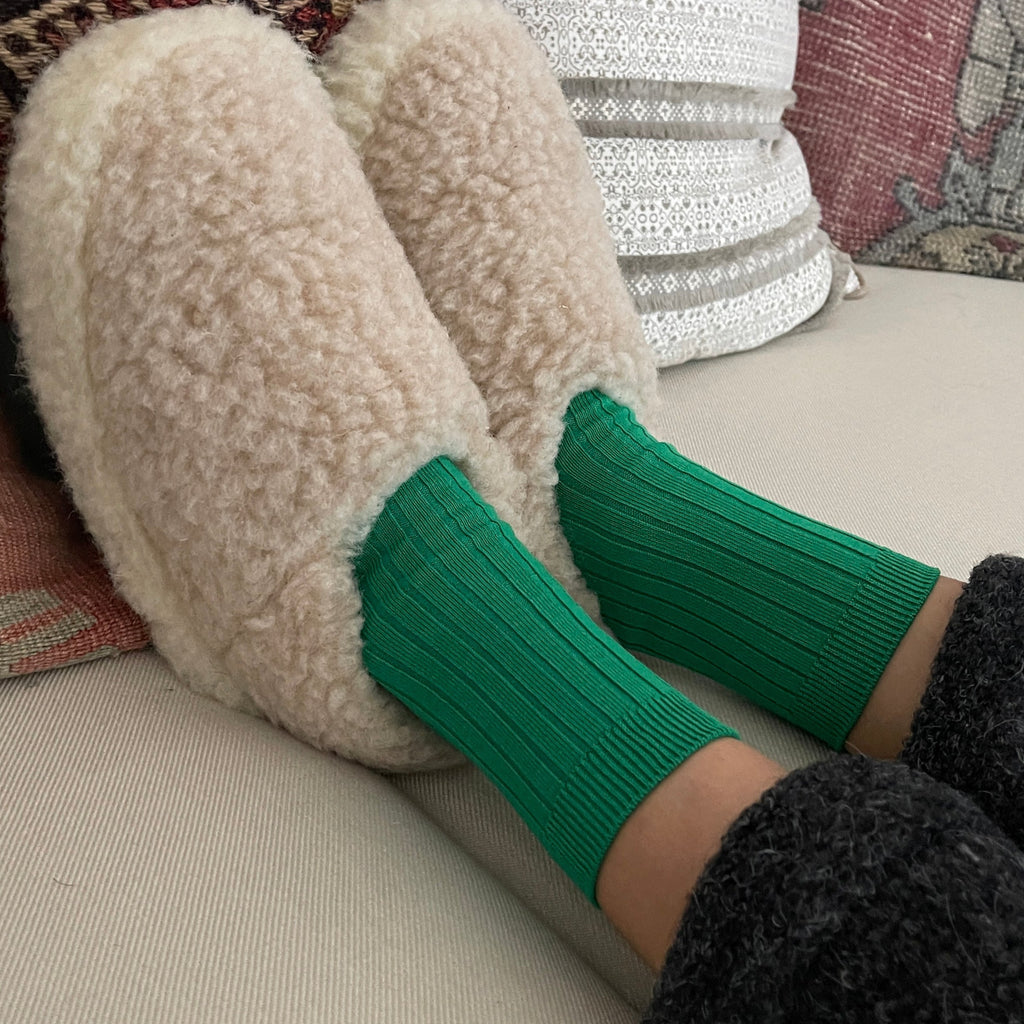 Le Bon Shoppe Her Socks in Kelly Green on a Model with Slippers