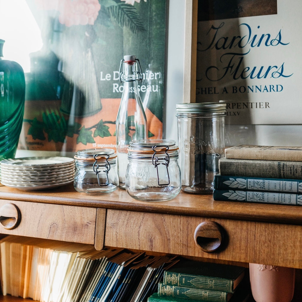 Mid Century Modern Rounded French Glass Storage Jar with Airtight Rubber Seal Vintage Display at Golden Rule Gallery