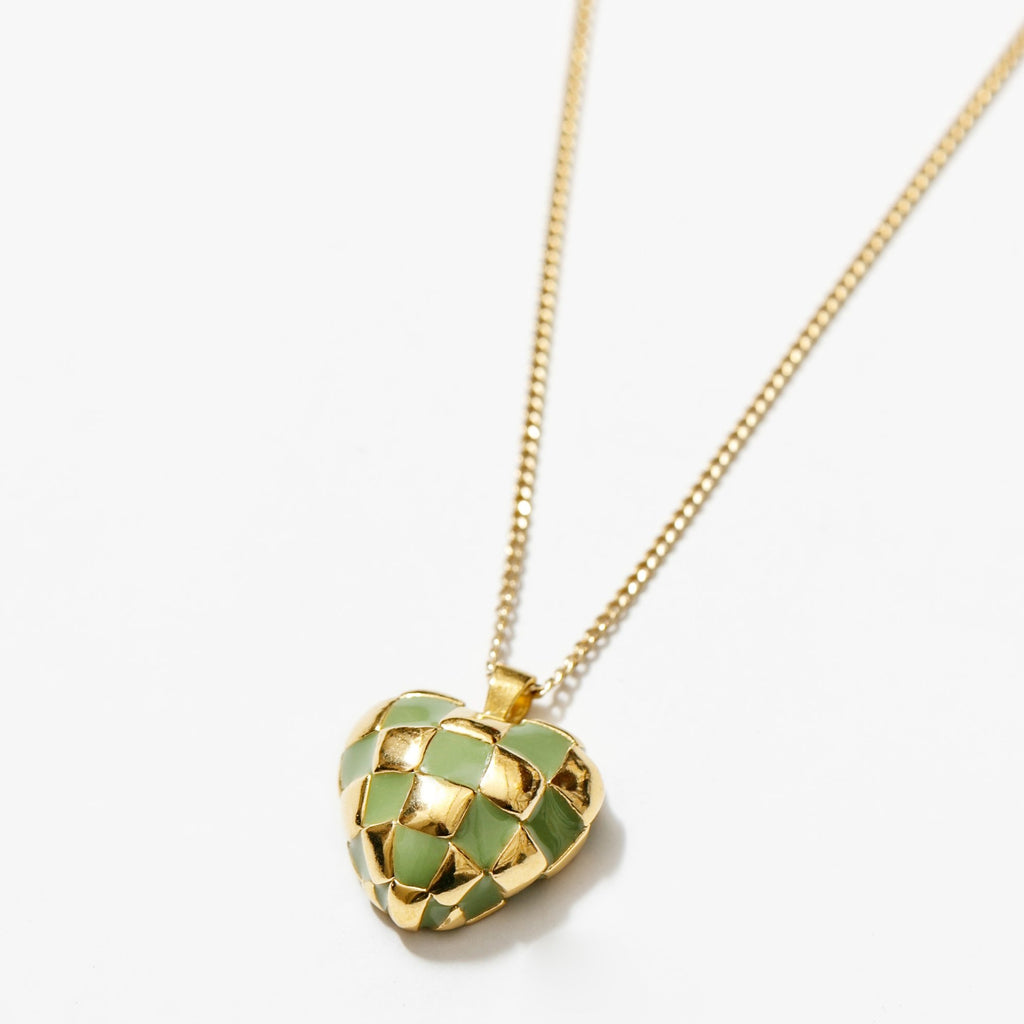 Green Checkered Heart Necklace | Checkered Necklace | Gold Checked Necklace | Wolf Circus Jewelry | Checker Heart Necklace | 14K Gold Plated Bronze Heart Charm Necklace | Vancouver Made Jewelry | Excelsior, MN | Golden Rule Gallery | Necklaces 