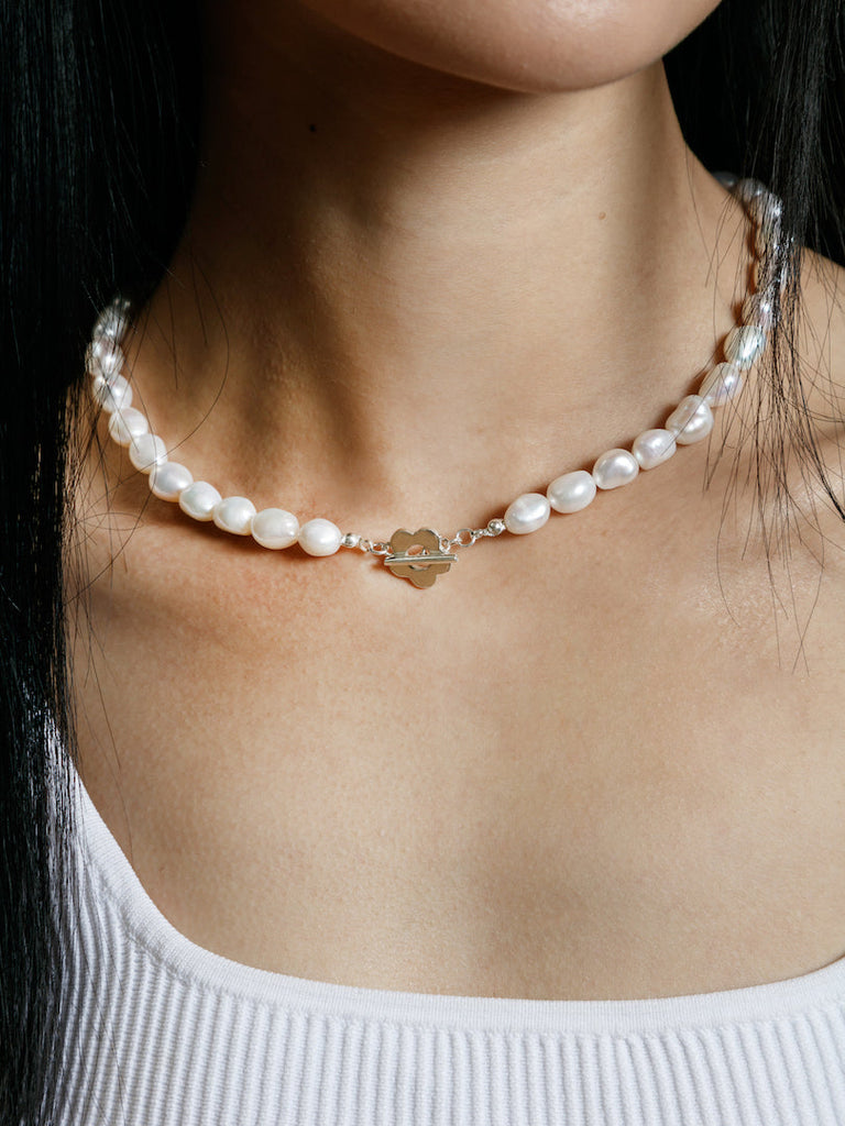 Wolf Circus Lola Silver Pearl Necklace with Flower Clasp