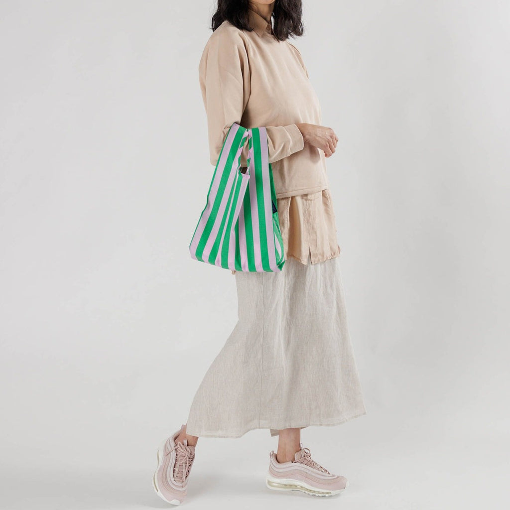Pink Green Awning Stripe Small Reusable Tote Bag at Golden Rule Gallery