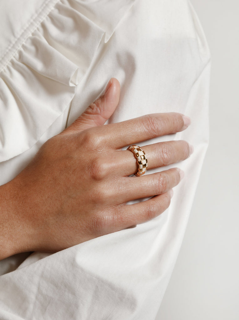 14K Gold Plated Bronze Ring with Cream and Gold | Cream and Gold Checkered Ring | Wolf Circus Jewelry | Rings | Checker White Ring | Excelsior, MN | Golden Rule Gallery 
