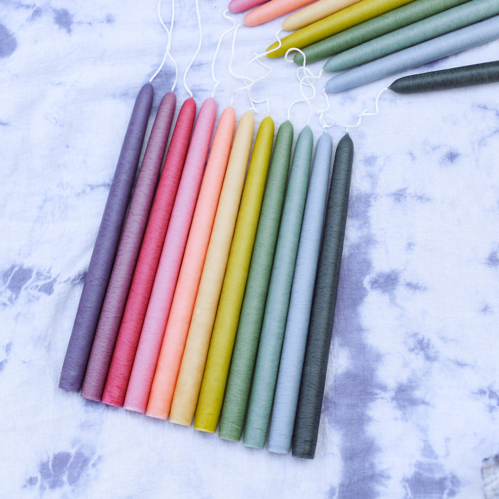 Row of Rainbow Beeswax Taper Candles