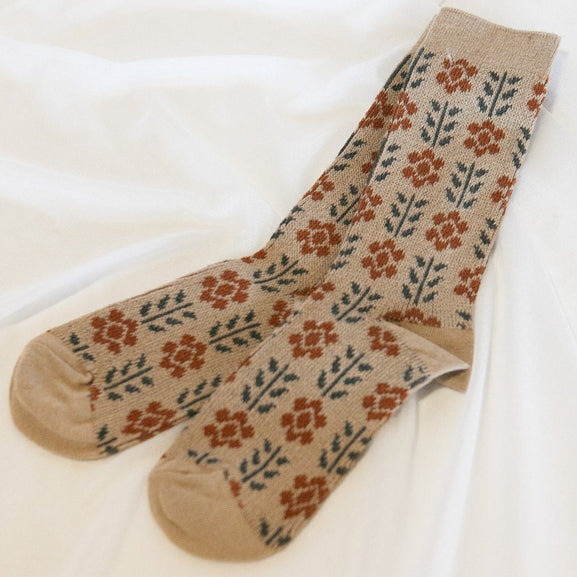 Taupe Mary Lou Flower Print Knit Socks
