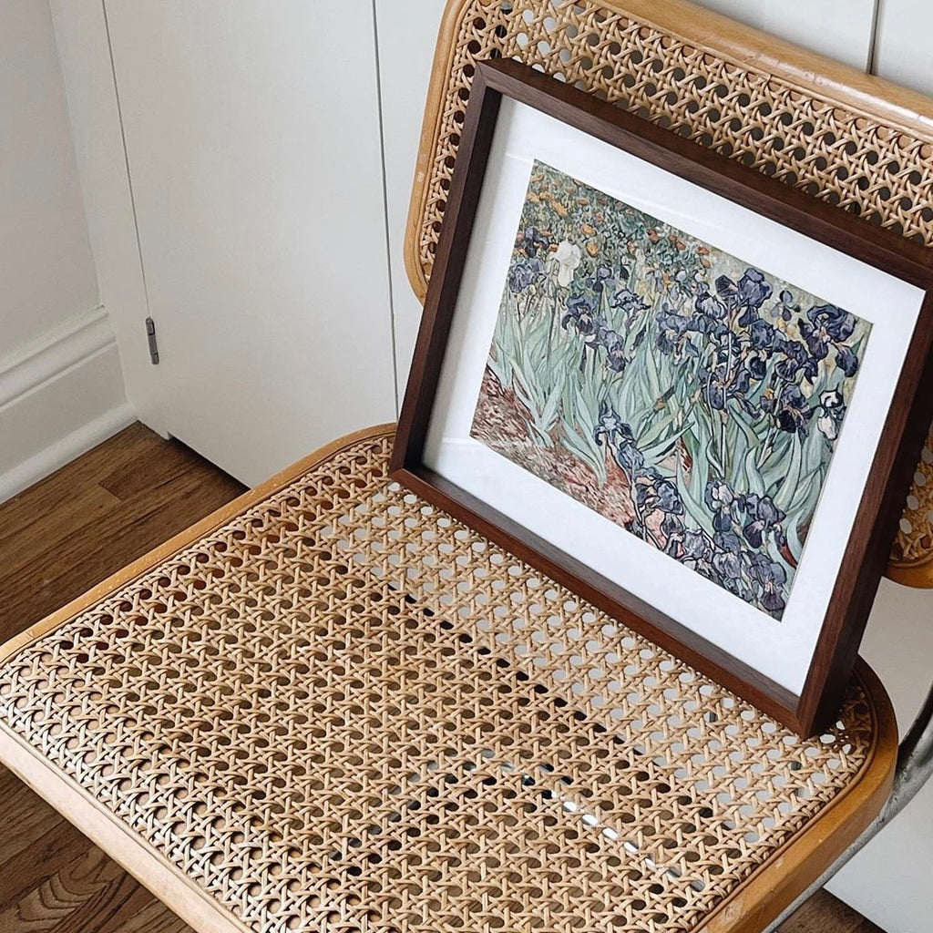 Framed Van Gogh Irises Art Print on Vintage Cane Chair