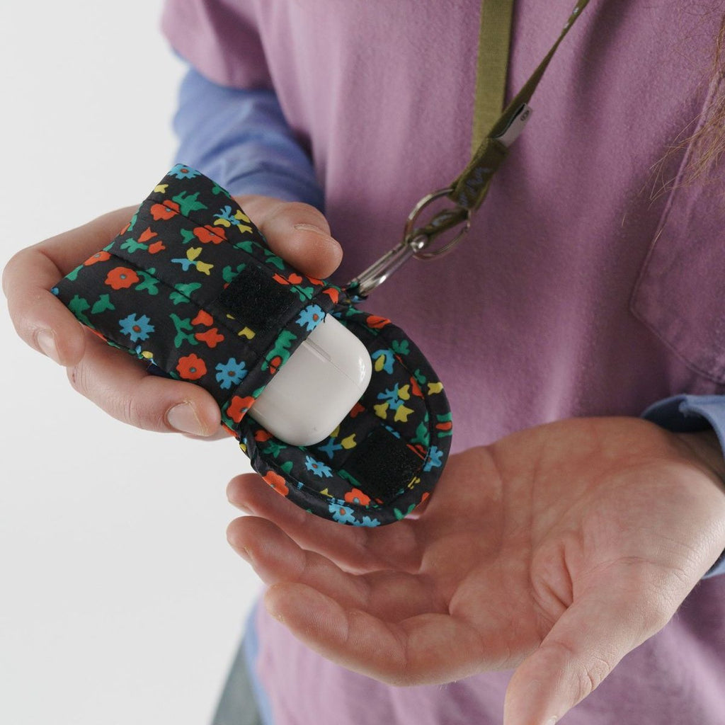 Velcro Opening Black Calico Floral Baggu Puffy Earbuds Case at Golden Rule Gallery
