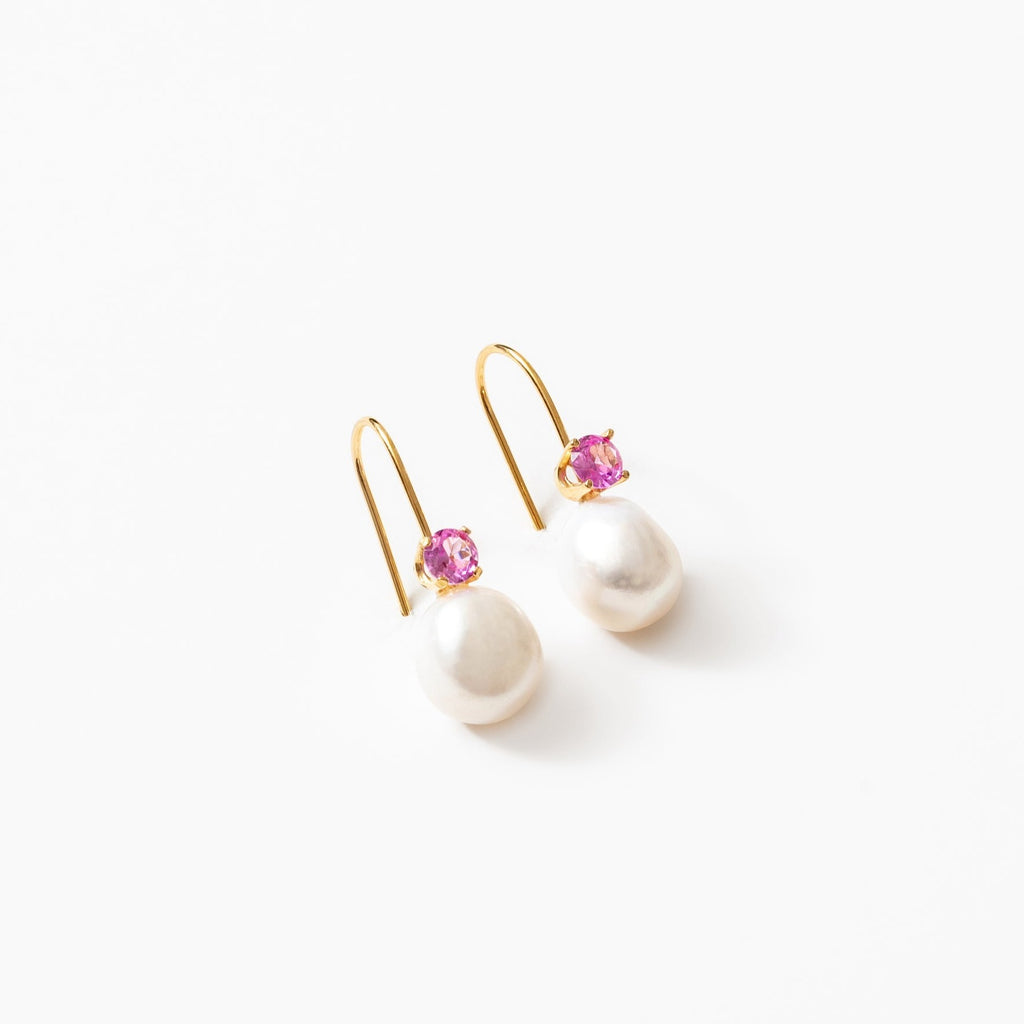 Erin Pearl Gold Earrings with Pink Sapphire by Wolf Circus at Golden Rule Gallery
