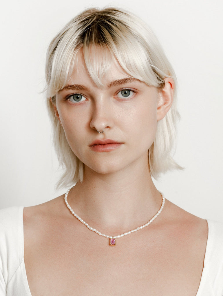 Ama Pearl Gold Necklace with Pink Sapphire Charm by Wolf Circus