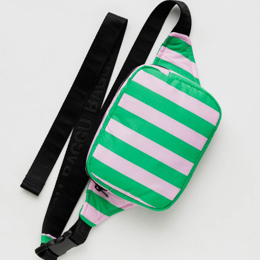 Pink and Green Striped Puffy Fanny Pack Cross Body at Golden Rule Gallery