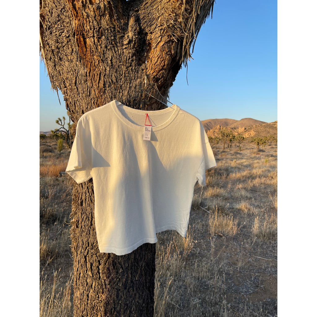 Clean White Fille Tee by Le Bon Shoppe hanging on a tree in the desert