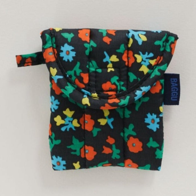 Black Calico Floral Baggu Puffy Earbuds Case at Golden Rule Gallery in Excelsior, MN