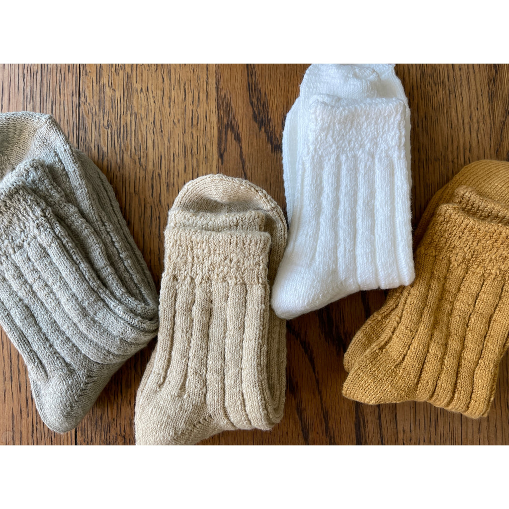 White Linen Hut Socks by Le Bon Shoppe at Golden Rule Gallery in Excelsior, MN