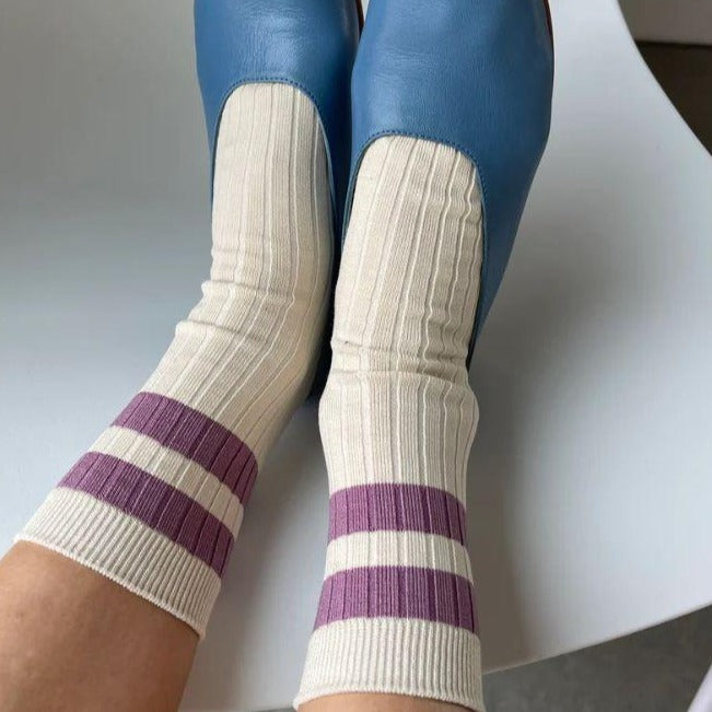Ribbed Socks with Purple Stripes and Blue Flats at Golden Rule Gallery 