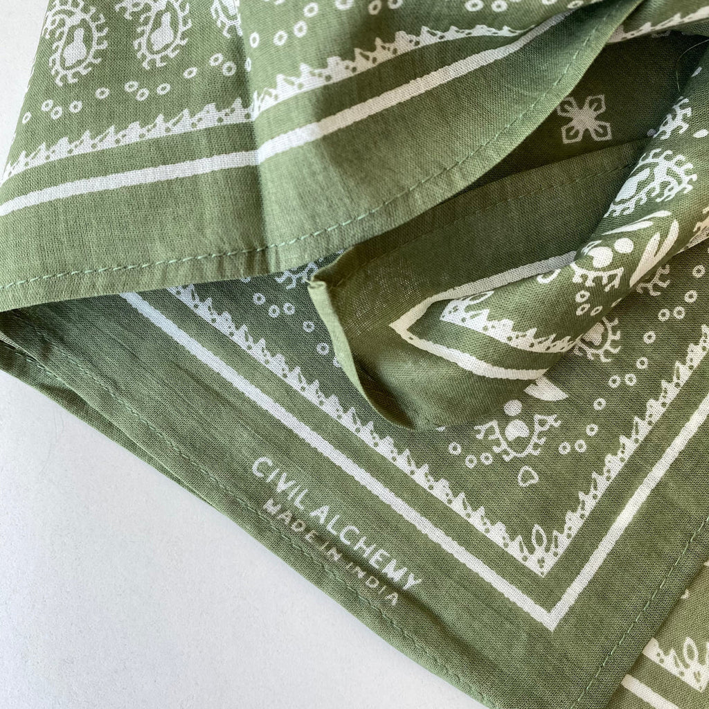 Green Civil Alchemy Block Printed Bandana at Golden Rule Gallery in Excelsior, MN