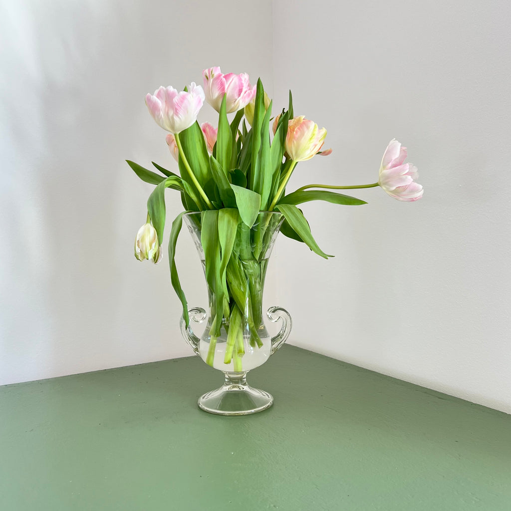Vintage Glass Trophy Vase with Handles and Tulips at Golden Rule Gallery