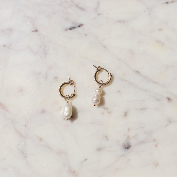 Beautiful Pearl and Gold Hoops | Asymmetrical Freshwater Pearl Hoops | Timeless Pearl Earrings | Mother's Day Gift Ideas | Minnesota Made | Protextor Parrish Pearl Jewelry | Golden Rule Gallery | Excelsior, MN