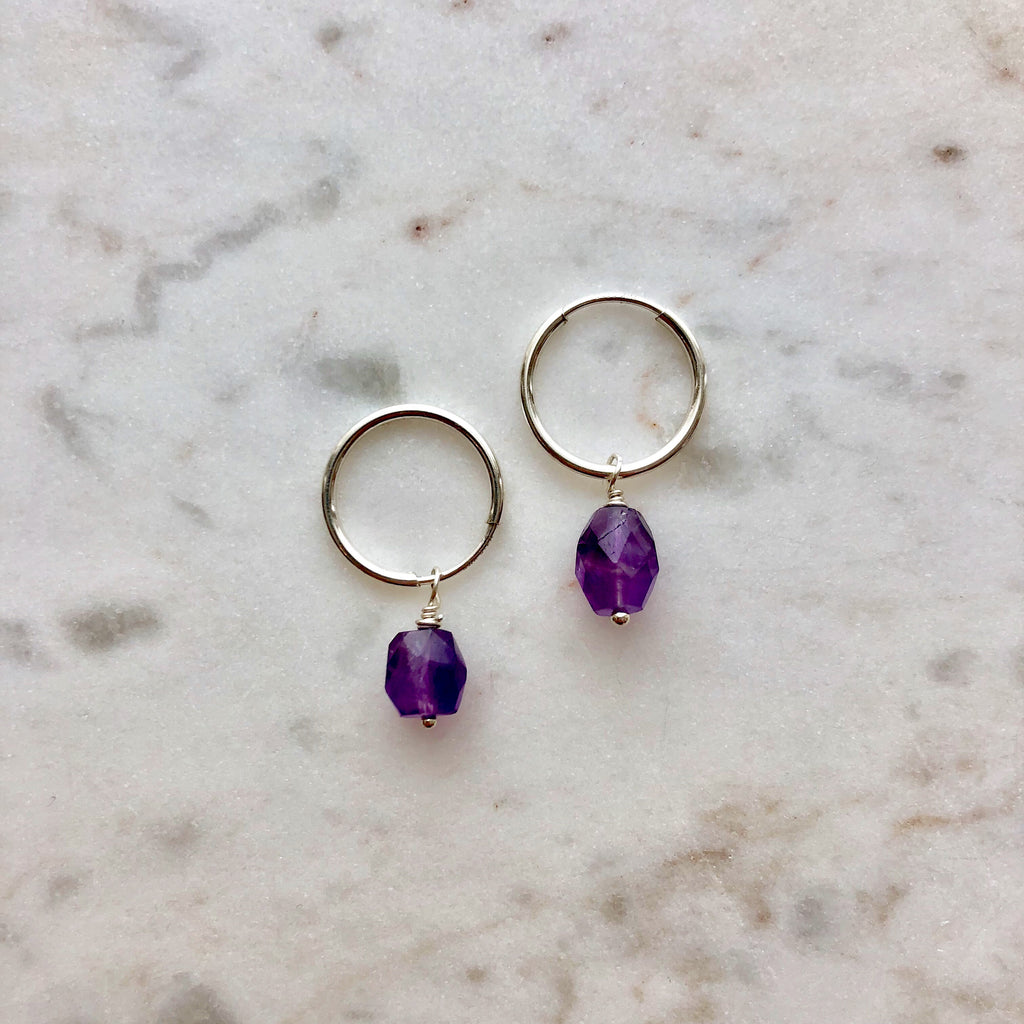 Faceted Amethyst And Silver Hoop Earrings | Amethyst Silver Hoops | Amethyst Gemstone Jewelry | Dainty Purple Earrings | Protextor Parrish | MN Artists | Hand Made MPLS Jewelry | Golden Rule Gallery | Excelsior, MN