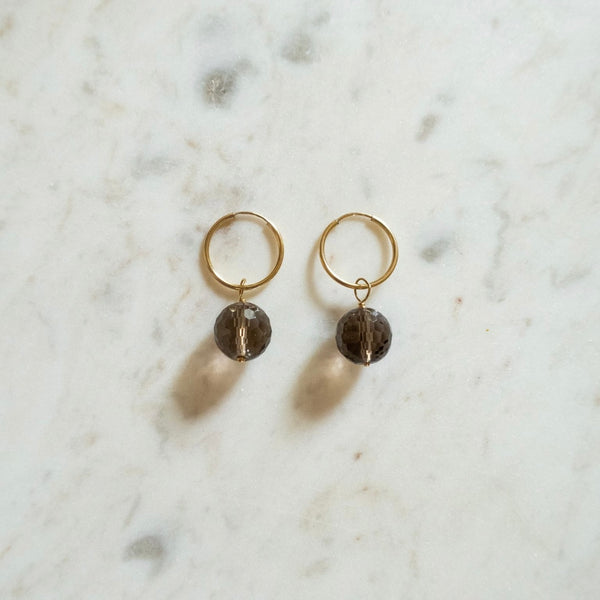 Gold Hoop Earrings with Root Beer Quartz Charm at Golden Rule Gallery