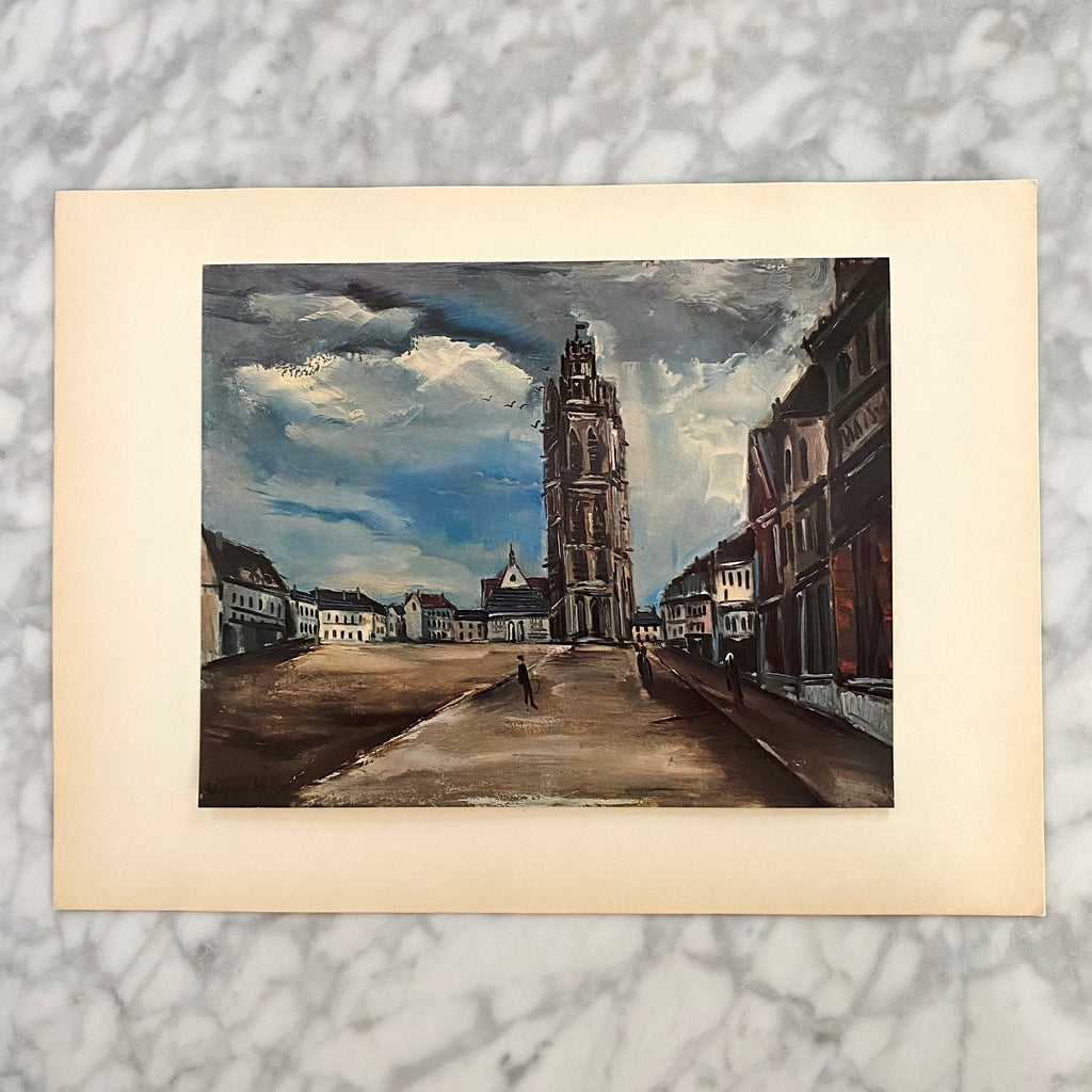 Rare Vintage Vlaminck Art Print | Vintage 1940s Offset Lithograph | The Belfry at Verneuil Offset Lithograph | Golden Rule Gallery | Excelsior, MN | Vintage Art Prints | Vintage City Landscape Offset Lithograph | Rare 40s Vlaminck Lithograph Art Print