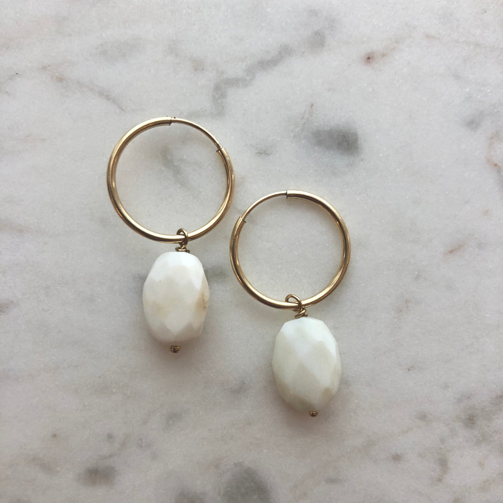 White Opal on Gold Hoop Earrings Handmade in MN by Protextor Parrish 